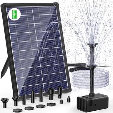 Biling Solar Water Pump with Battery Backup, 7.5W Solar Pond Fountain with 3600mAh Battery 10 Nozzles Solar Fountain with 5ft Tubing Water Features for Garden Ponds Pool Fish Tank Waterfall