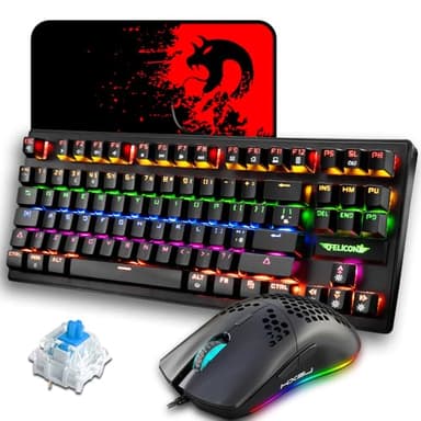 EWEADN K2 Wired Gaming Keyboard Mouse Combo, TKL 80% Percent UK Layout Light Up Clicky Blue Switch Mechanical Keyboard + 6400 DPI Ultra-Light Honeycomb PC Gaming Mice + Mouse Pad for Win/Mac - Black