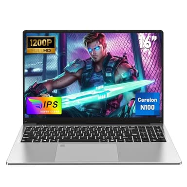 NAIKLULU 16 Inch Budget Gaming Laptop 2025 Processor N100 (1.0 to 3.4GHz) RAM 16GB SSD 1TB Gamer Laptop Computer 2025, Fingerprint Reader/6000Mah/1920x1200P/Webcam/Backlit Full Keyboard/Touchpad