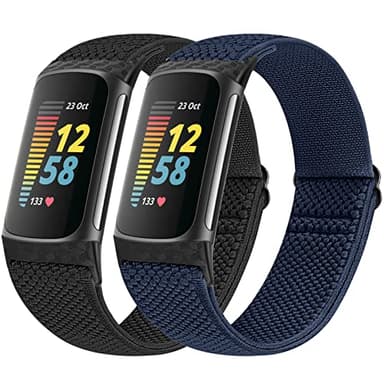 Vodtian Elastic Straps Only Compatible with Fitbit Charge 6/ Charge 5 Strap, 2 Pack Stretchy Adjustable Nylon Loop Braided Replacement Sport Wristband for Charge 5/Charge 6 Activity Tracker Women Men