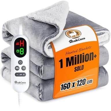 Mia&Coco Electric Heated Blanket Throw 120×160cm, Flannel Sherpa, Fast Heating, 10 Heat Levels, 9H Auto-Off, LED Controller, Overheat Protection, Machine Washable, ETL Certified, Grey