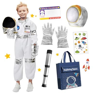 TOLOYE Astronaut Costume for Kids With Helmet, Bag, and Gloves - Space Adventure Fancy Dress for Carnival, Cosplay Party, Role Play (L)