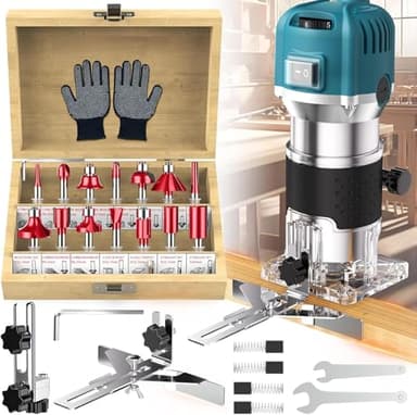 Palm Router Tool, 800W 30000Rpm Electric Woodworking Hand Router with Trimmer Base & 15Pcs 1/4"(6.35mm) Router Bits Set, 220V Wood Trimmer Router (Blue, 6 Speed)
