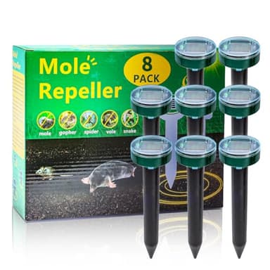 8 green UPGRADE Mole Repellent for lawns Gopher Repellent Ultrasonic Solar Powered Snake Repellent Deterrent Mole Repeller Vole Repellent Outdoor Lawns Garden Yard All Pests Sonic Spikes Stakes Chaser