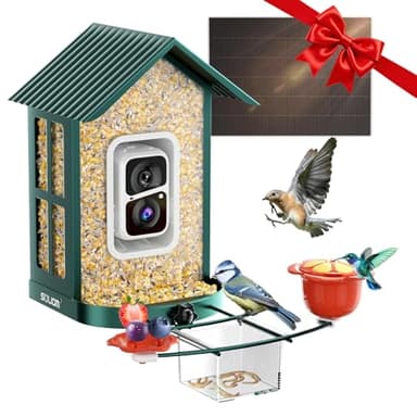 SOLIOM Bird Feeder Camera Solar Powered, 2K Live Video, Squirrel Proof Metal Case, Hummingbird & Diverse Feeding Add-ons, Smart Wireless Outdoor Backyard Bird Feeder Cam for Birdwatching Gifts (1.6L)
