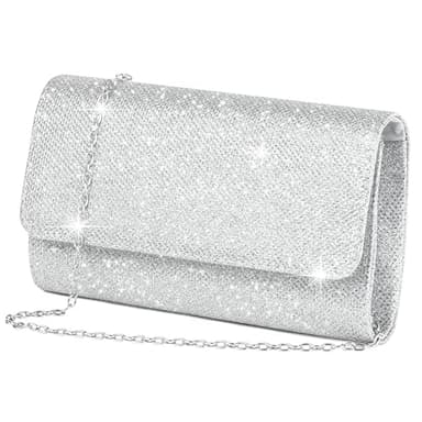 SKJAXF Women's Clutches, Elutch Bag Silver Handbag Purse with Detachable Chain Strap, Elegant Sequins Clutch Bags for Women Wedding Bridal Prom Ladies Evening Bag for Women, Valentine's Day Gifts