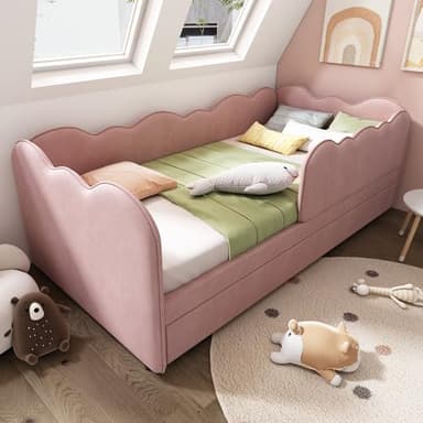 Merax Single Pink Upholstered Bed with Pull Out Bed, 3ft Single Trundle Day Bed, with Unique Cloud Shape, Slatted Frame, for Adults Children, Velvet/90x190cm(No Mattress)