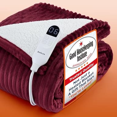 Bedsure Heated Blanket Electric Throw - Ribbed Flannel Electric Blanket, Heating with 10 Time Settings, 6 Heat Settings, Overheat Protection, 130x160cm, Striped Red