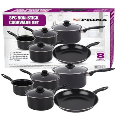8pc Cookware Set with Lids & Bakelite Handle - Carbon Steel Non Stick Cooking Pan Saucepan Set Pot and Frying Pans | Suitable for Gas, Electric, Halogen, Solid Hotplates - Tempered Glass Lid, Black