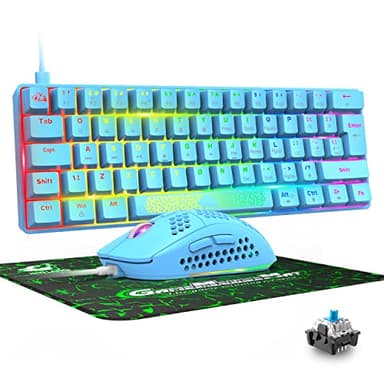 Mechanical Gaming Keyboard & Mouse Combo Set, RGB Backlit Keys, Dedicated Multi-Media Keys, Mini 60% Keyboard, Spill-Resistant, 6400dpi Programmable Gaming Mouse, Mice Pad, QWERTY UK Layout - Blue