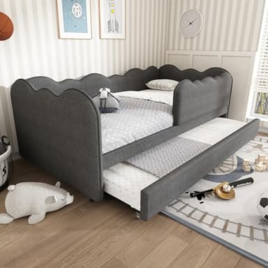 Merax Single Grey Upholstered Bed with Pull Out Bed, 3ft Single Day Bed Trundle Bed, with Unique Cloud Shape, Slatted Frame, for Adults Children, Linen/90x190cm(No Mattress)