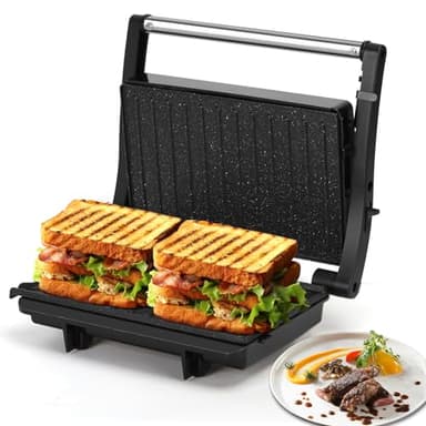 Aigostar 1000W Sandwich Toaster & Panini Press, Deep Fill Toastie Maker for 2 Slices, 180° Flat Grill Plates with Non-Stick Coating, Easy Clean - York Pro