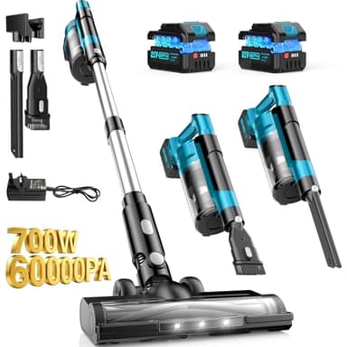 Cordless Vacuum Cleaner, 700W 60KPA Stick Vacuum with Two Detachable Battery, Up to 70 Mins Runtime, Touch Screen, Wall Mount Charging, Anti-Tangle Handheld Vacuum for Pet Hair/Carpet/Floor