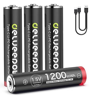 Delyeepow USB Rechargeable AAA Batteries 1.5V Lithium AAA Batteries Rechargeable 1200mWh with USB Cable,1500 Cycle,Low Self Discharge,4‐Pack