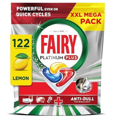 Fairy Platinum Plus Dishwasher Tablets Lemon, 122 Capsules, Impeccable Clean Even In Quick Cycles Without Pre-Wash, Anti-Dull Technology, Super Shine Function, Filter Clean