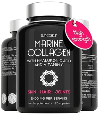 Marine Collagen Capsules 2200mg - with Hyaluronic Acid & Vitamin C - High Strength Complex for Skin Hair Support - Premium Type 1 Peptides - Collagen Supplements for Women & Men - 120 Capsules