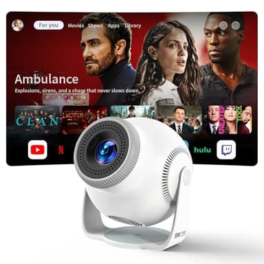 Mini Projector with 4K & 1080P Support, 480 ANSI Lumens, 8K Decoding, Android 14 Smart System, Wi-Fi 6 and Bluetooth 5.4, Auto Keystone, Smart Projector for Bedroom Home (White)