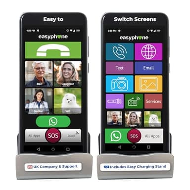 Easyphone® Easy To Use Simple Smartphone For Elderly & Seniors All networks No Contract Mobile Phone 6.5" Bright Screen Loudspeaker, SOS GPS, 4G UK Helpline Includes Case WhatsApp Charging Dock