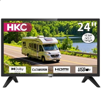 HKC 24 inch 12 Volt HD TV, Freeview DVB-T2/C/S2 Dolby Audio, HDMI VGA PC SCART USB, Travel Small Screen TV for Motorhome and Campervan Caravans