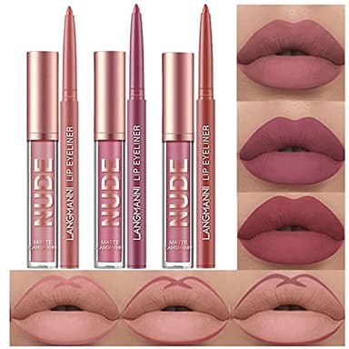 6Pcs Matte Liquid Lipstick Lip Liner Set, Velvety Nude Lipgloss Waterproof Non-Stick Cup Not Fade Liquid Lipstick Lipliner Make Up Gift Set (Set C)