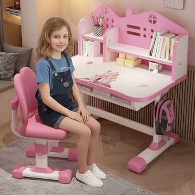 joukares Kids Study Table and Chair Set, Height Adjustable Children Desk with Storage Drawer & Shelves, for Studying, Reading, Drawing, for Kids Ages 3-12 Years (Pink)
