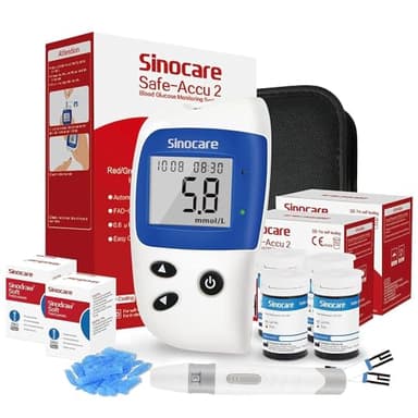 sinocare Diabetes Testing Kit/Blood Sugar Monitor Safe-Accu2 /Blood Glucose Monitor with Light Warning, with Strips x 100 & Lancing Devices x 100 & Case for UK Diabetics -in mmol/L