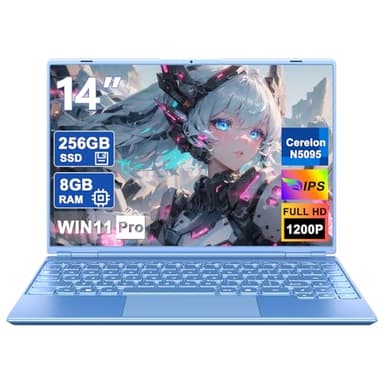 HUQPPQ 14" Laptop Celeron N5095 (Up to 2.9GHz), 8GB RAM 256GB SSD, FHD 1920×1200 IPS Display, Win 11 Pro Notebook, WiFi 5, Webcam, Lightweight Blue Laptops for Students, Working & Daily Use