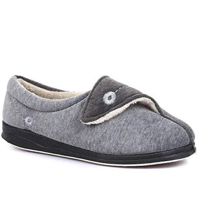 Pavers - Womens Wide Fit Warm Antibacterial Slippers in Grey - Cushioned Insole - Flexible and Adjustable Slippers - Easy Touch Fastening Point - Size 6 UK