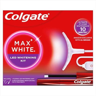 Colgate Max White LED Teeth Whitening Kit with 2 Overnight Wands - Ultimate Whitening in 10 Minutes* - Reverses up to 20 Years of Stains* - Flexible LED Device