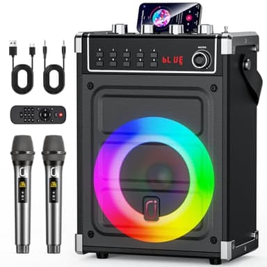 JYX Karaoke Machine with 2 Wireless Microphones, Bluetooth Speaker with Bass/Treble/Echo Adjustment & LED Light, Support USB, SD Card, AUX, TWS, FM, REC, Supply for Party/Adults (Black)