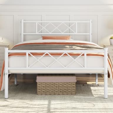 Yaheetech 3ft Single Bed, Metal Bed Frame Mattress Foundation with Cross-design Headboard & Footboard, Slatted Bed Base for Teenagers/Adults, White