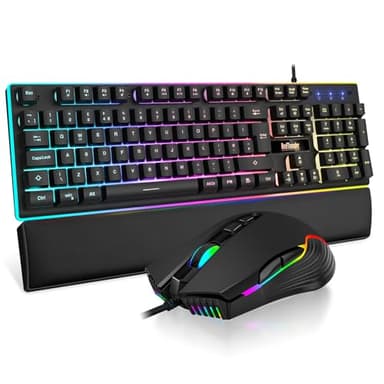 RedThunder K10 Wired Gaming Keyboard and Mouse Combo, UK Layout, True RGB Backlight, Soft Leather Wrist Rest, Mechanical Feel Ergonomic Anti-Ghosting Keyboard + 7D 7200 DPI Mouse for PC Mac (Black)