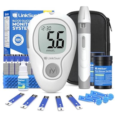 LinkSun Blood Glucose Monitor Kit with 100 Test Strips & 100 Lancets, 500 Memory, Control Solution, Lancing Device, No Coding, G-425-3 Blood Sugar Monitor, Home Use Glucose Meter with mmol/L Results