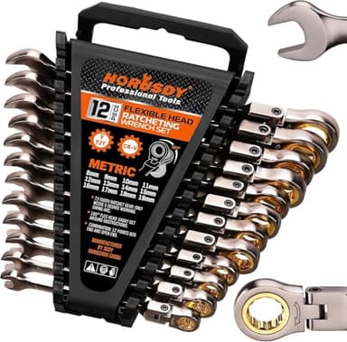 HORUSDY 12-Piece Metric Flex-Head Ratcheting Wrench Set with Organizer | 8-19 mm Ratchet Combination Wrenches Set | 72-Teeth | Chrome Vanadium Steel