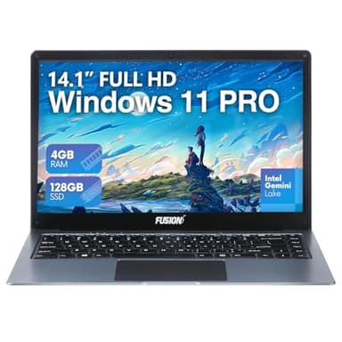 Fusion5 14.1" Full HD Windows 11 Professional Laptop - 4GB RAM 128GB Storage, Dual-Band WiFi, Integrated Webcam - A90B+ Pro, 14 Inch Lightweight Laptop, HDMI, USB 3.0, Expandable Storage