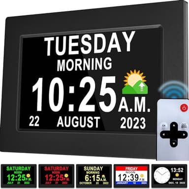 Véfaîî Newest,Dementia Clock 2.0 with Auto DST, 20 Custom Reminders, Day Clock with Sun/Moon icons for Elderly, Sleep Trainer, 7" with Remote & HD Picture Frame