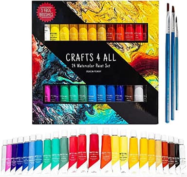 Crafts 4 ALL Watercolour Paint Set - 24 Pack of Premium Quality Watercolours for Kids, Artists, Students, and Beginners – Vibrant Paints w/ 3 Bonus Water Colour Paintbrushes