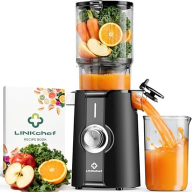 LINKChef Cold Press Juicer Machine, 4.53" Wide Chute for Whole Fruit & Vegetable, 200W Electric Slow Masticating Juicer with 2 Cups, High Juice Yield, Easy to Clean, BPA-Free, Black