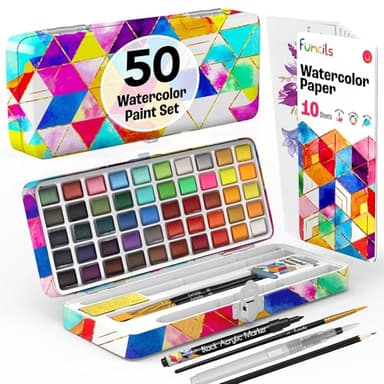 Funcils Watercolour Paint Set - Water Colour Paints Sets for Adults, Beginners | 50 Artist Quality Professional Watercolour Paints - Travel Watercolour Set, Painting Art Supplies, Kids Paint