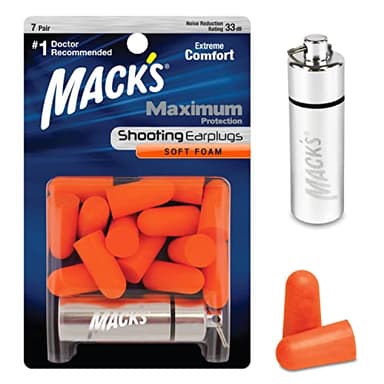 Mack's Maximum Protection Soft Foam Shooting Ear Plugs - 7 Pair Plus Travel Case, 33 dB Highest NRR – Comfortable Earplugs for Hunting, Tactical, Target, Skeet and Trap Shooting | Made in USA