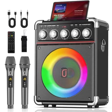 HWWR Karaoke Machine with 2 Microphones for Adults, Bluetooth Karaoke Machine with Bass/Treble/Echo Adjustment, PA System with Remote Control/LED Lights, Support TWS/TV/USB/AUX/TF Card