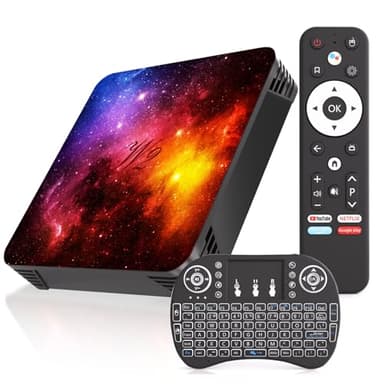 Android TV Box 4GB RAM 64GB ROM, Android 12.0, Mali-G31 GPU, Dual WiFi 2.4G/5G, Bluetooth 4.2, 4K UHD Media Player, Airplay & Miracast Support, Mini Wireless Backlit Keyboard Included