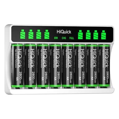 HiQuick 8-slot AA AAA LCD Battery Charger, 5V 2A Type C Input, with 8 x 2800mAh AA NI-MH Rechargeable Batteries, Battery and Charger Set