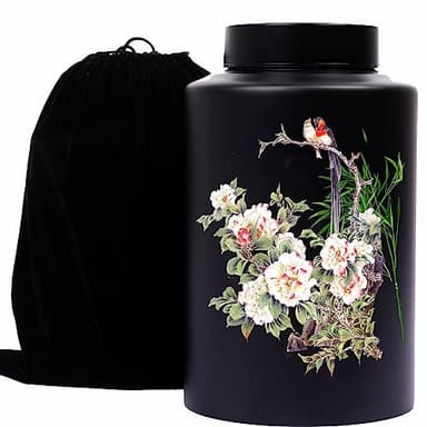 Cremation Memorial Urn Large Black Decorative Urn Bamboo Funeral Human Ashes urn,Cemetery Burial or Niche with Black Velvet Bag