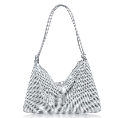 MUNSKT Women's Rhinestone Crossbody Bag Silver Clutch Purse Bling Handbag Shiny Sequin Shoulder Bag Diamante Chain, Ideal for Lady Girl Evening Wedding Party Banquet Prom Bridal Night