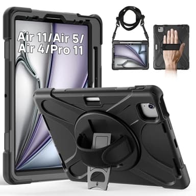 Gerutek for iPad Air 11 inch Case M3/M2 (2025/2024), Shockproof Rugged iPad Air 5th/Air 4th Generation/Pro 11 Case with 360 Rotating Stand, Hand/Shoulder Strap,Pen Holder for iPad Air 11, Black