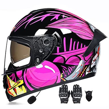 Letetexi Bluetooth Integrated Modular Flip Up Motorcycle Helmet Predator Full Face Motorbike Helmets ECE Approved Built in MP3 Radio Moped Gloves Mask Crash Helmet 55~62cm