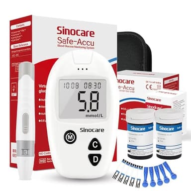 sinocare Safe-Accu Diabetes Testing Kit, Blood Glucose Monitor, with Test Strips x 50 & Lancing Devices x 50 & Case, for UK Diabetics -in mmol/L