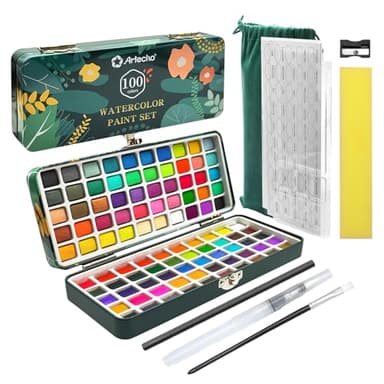 Artecho Watercolour Paint Set 100 Colors in Portable Box Including, Travel Watercolor Set with Watercolor Papers, Brushes and other Tools, Idea for Artists and Hobbyists