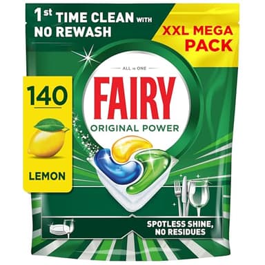 Fairy Original Power Dishwasher Tablets Lemon, 140 Capsules, 1st Time Cleaning Action With No Rewash, Effective on 100% Grease, Spotless Shine Without Residues